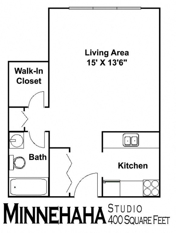 Floor plan for studio, 1 bath, 400 sqft